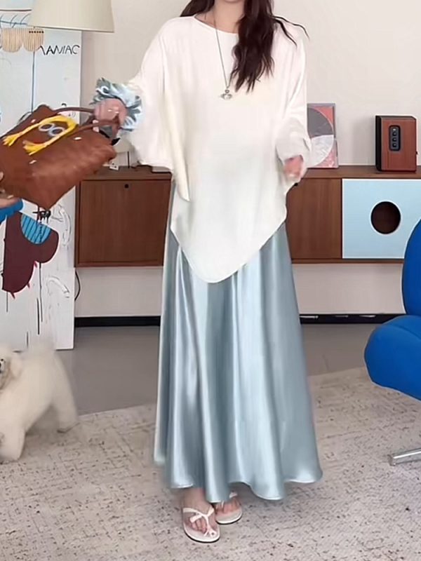Plus-Size Satin A-Line Midi Skirt for Women - Flattering Mermaid Shape, 2025 New Style, Chic and Elegant Fashion