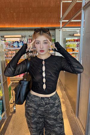 Plus Size Sexy Hollow Out Long Sleeve T-Shirt - Retro Autumn Style, Trendy Hot Girl Base Top