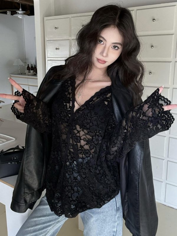 Plus Size Sexy V-Neck Long Sleeve Lace Top for Women - Elegant Hollow-Out Sheer Blouse for Autumn & Winter, Loose & Slimming Fit
