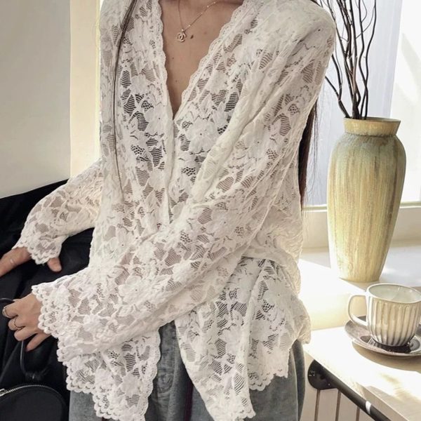 Plus Size Sexy V-Neck Long Sleeve Lace Top for Women - Elegant Hollow-Out Sheer Blouse for Autumn & Winter, Loose & Slimming Fit