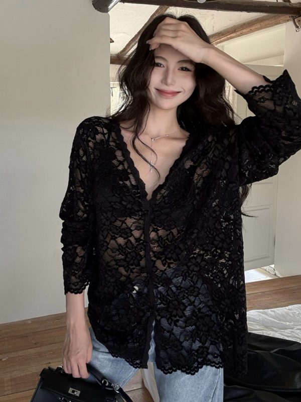 Plus Size Sexy V-Neck Long Sleeve Lace Top for Women - Elegant Hollow-Out Sheer Blouse for Autumn & Winter, Loose & Slimming Fit