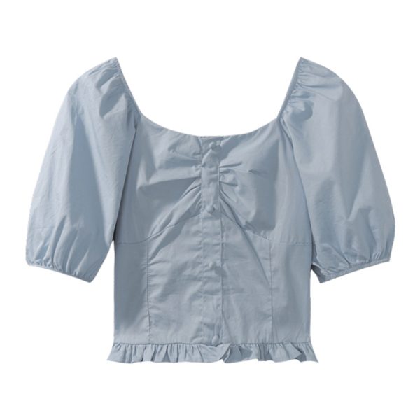 Plus-Size Short Sleeve Bubble Collar Shirt for Women - Summer 2025 French Style Cropped Clavicle Top, Slimming Tummy-Covering Design