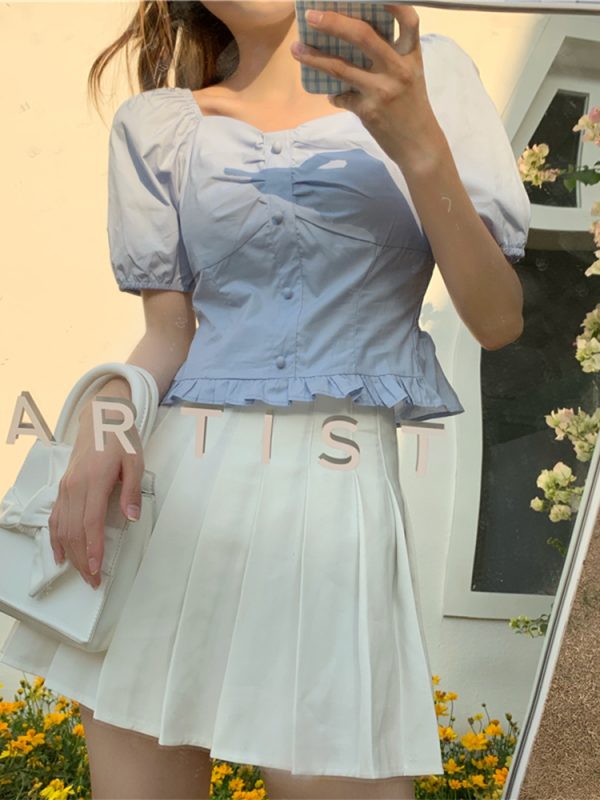 Plus-Size Short Sleeve Bubble Collar Shirt for Women - Summer 2025 French Style Cropped Clavicle Top, Slimming Tummy-Covering Design
