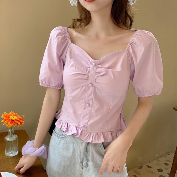 Plus-Size Short Sleeve Bubble Collar Shirt for Women - Summer 2025 French Style Cropped Clavicle Top, Slimming Tummy-Covering Design