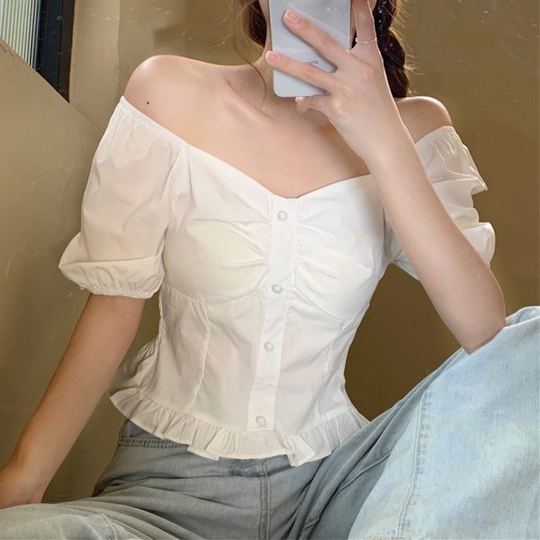 Plus-Size Short Sleeve Bubble Collar Shirt for Women - Summer 2025 French Style Cropped Clavicle Top, Slimming Tummy-Covering Design