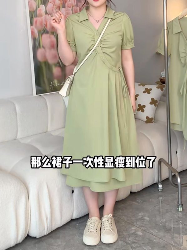 Plus-Size Slimming Dress for Women with Tie Waist, Concealed Belly, Short Sleeve, High-End Feel, Perfect for Summer Events