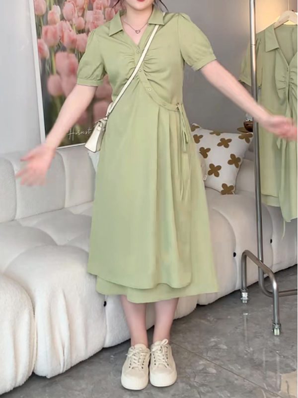 Plus-Size Slimming Dress for Women with Tie Waist, Concealed Belly, Short Sleeve, High-End Feel, Perfect for Summer Events