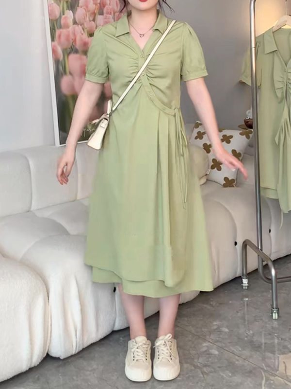 Plus-Size Slimming Dress for Women with Tie Waist, Concealed Belly, Short Sleeve, High-End Feel, Perfect for Summer Events