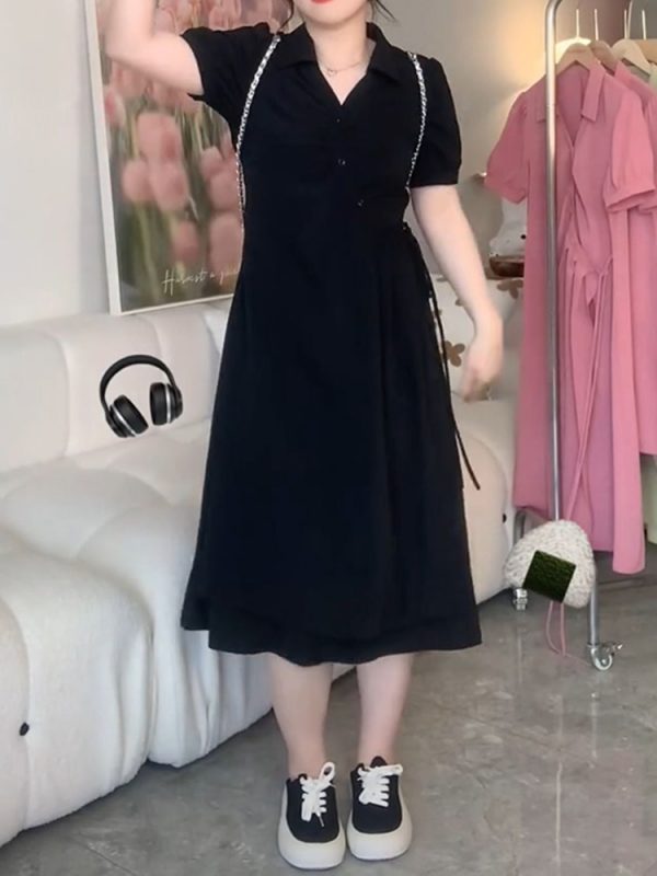 Plus-Size Slimming Dress for Women with Tie Waist, Concealed Belly, Short Sleeve, High-End Feel, Perfect for Summer Events