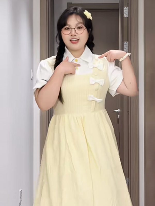 Plus-Size Slimming Forest Bow-Tie Waist Long Dress - Summer Sweet College Style First Love Fake Two-Piece Dress