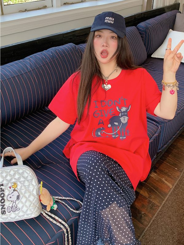 Plus Size Slimming Red Printed Short Sleeve T-Shirt for Women - Summer 2025 Gold Big Support Design