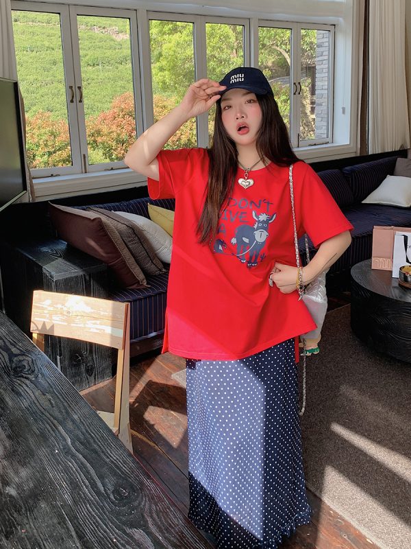 Plus Size Slimming Red Printed Short Sleeve T-Shirt for Women - Summer 2025 Gold Big Support Design