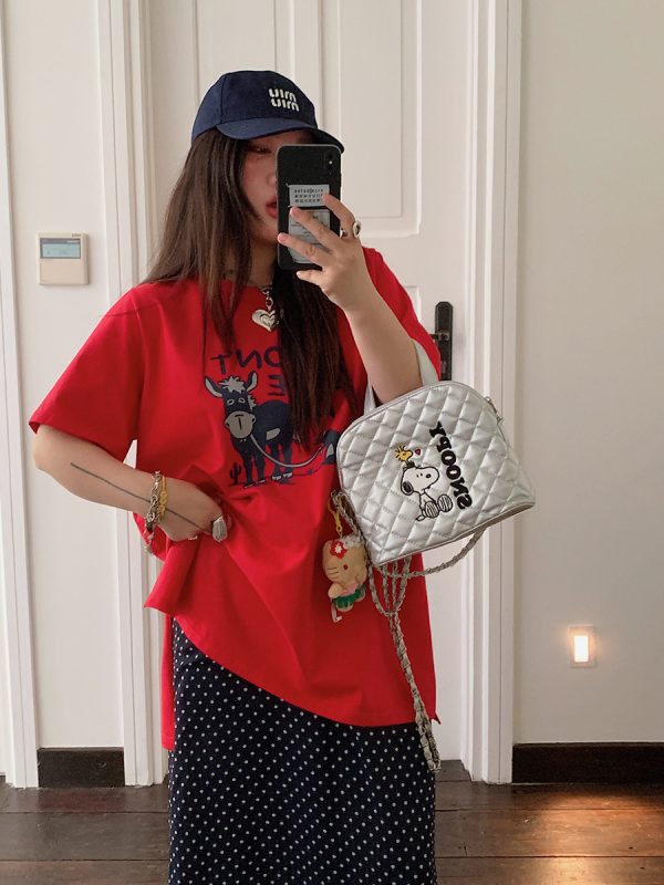 Plus Size Slimming Red Printed Short Sleeve T-Shirt for Women - Summer 2025 Gold Big Support Design