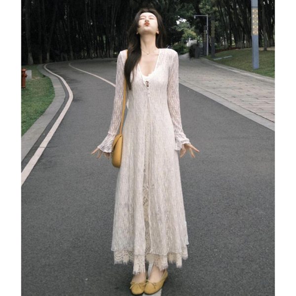 Plus-Size Slimming Two-Piece Summer Dress Cardigan Set with Elegant Jacquard Lace Camisole â€“ Perfect for Chic Casual Outings