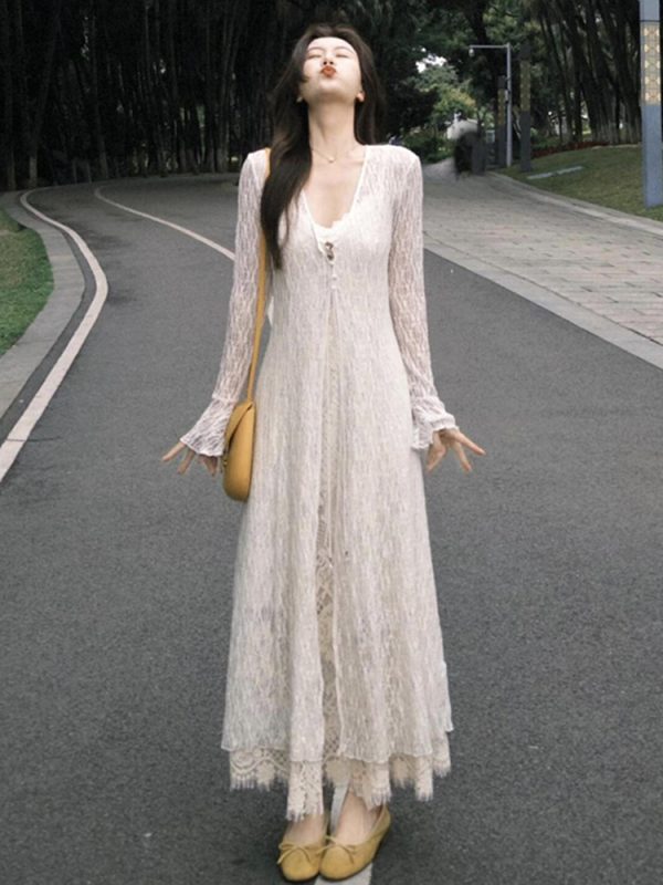 Plus-Size Slimming Two-Piece Summer Dress Cardigan Set with Elegant Jacquard Lace Camisole â€“ Perfect for Chic Casual Outings
