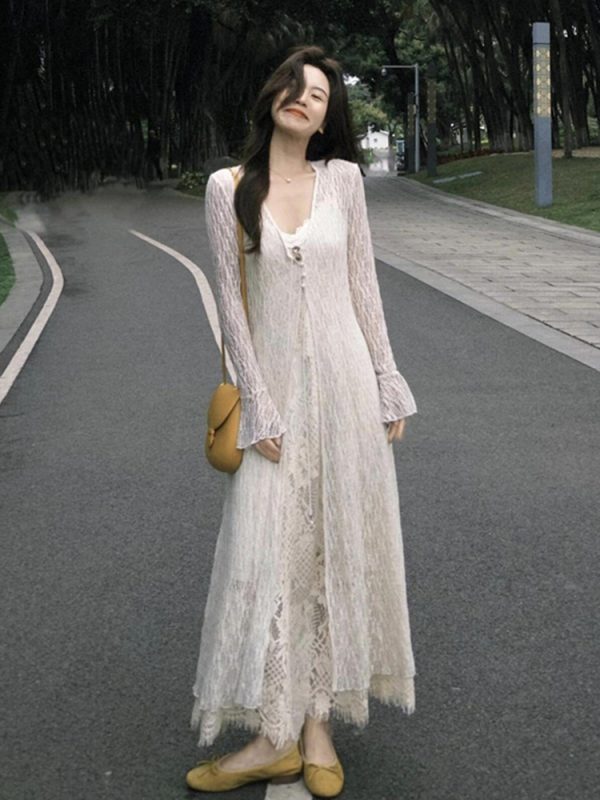 Plus-Size Slimming Two-Piece Summer Dress Cardigan Set with Elegant Jacquard Lace Camisole â€“ Perfect for Chic Casual Outings