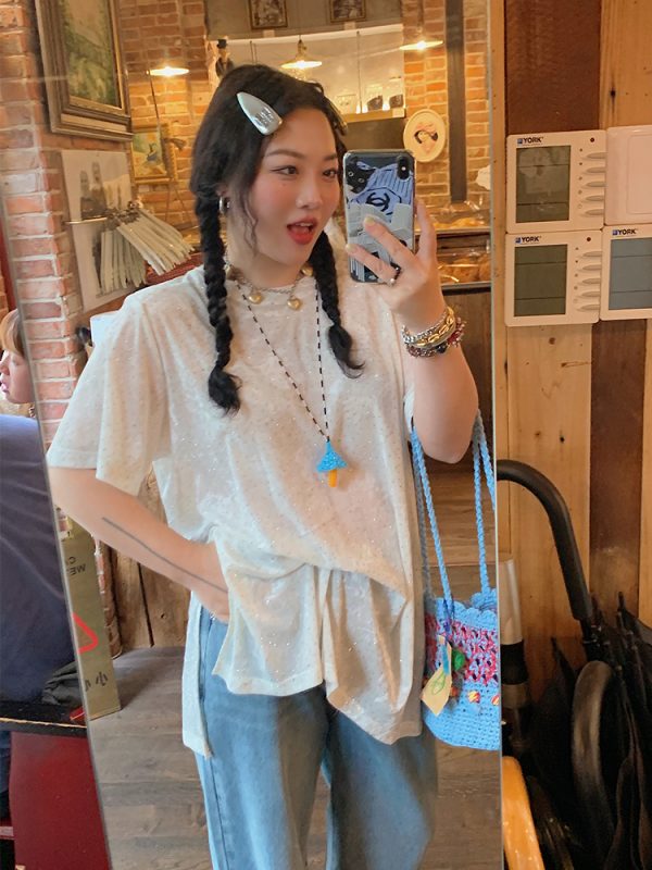 Plus Size Slit Diamond T-Shirt for Women - Short Sleeve White Top, 2025 Spring/Summer Fashion for Curvy Figures, Trendy Style