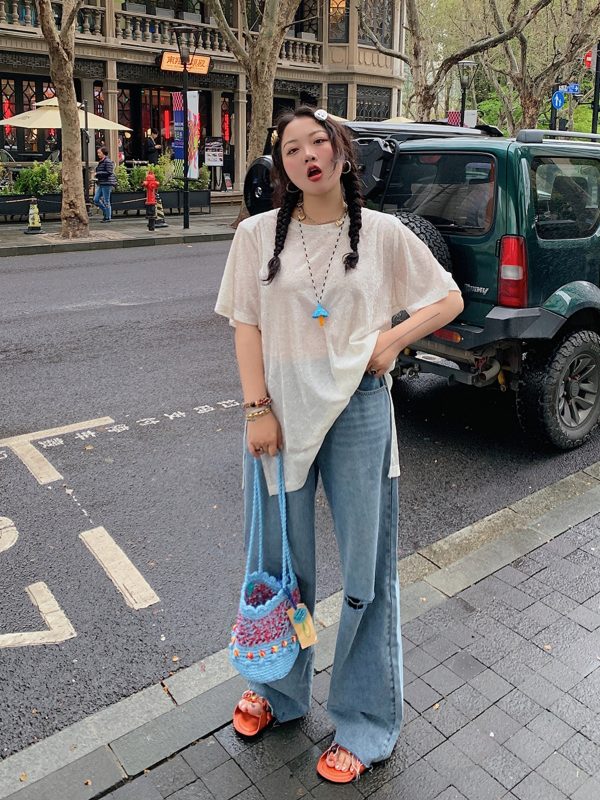 Plus Size Slit Diamond T-Shirt for Women - Short Sleeve White Top, 2025 Spring/Summer Fashion for Curvy Figures, Trendy Style