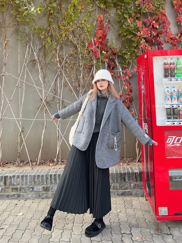 Plus Size Solid Color Midi Skirt for Autumn Winter - Thickened Pleated Warm Versatile Basic Style