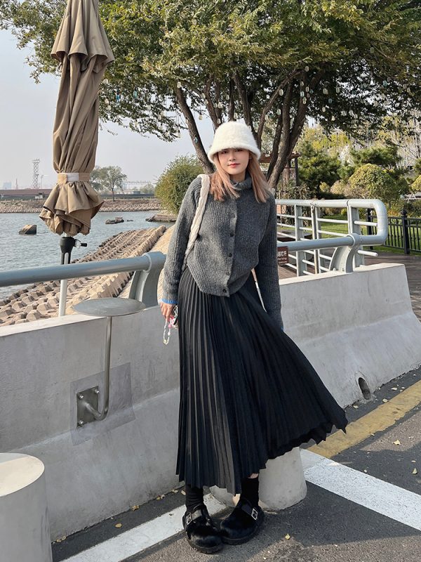 Plus Size Solid Color Midi Skirt for Autumn Winter - Thickened Pleated Warm Versatile Basic Style