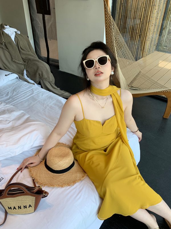 Plus Size Spaghetti Strap Beach Vacation Dress in Ginger Yellow, Flattering for Fair Skin, Slightly Chubby City Escape Style