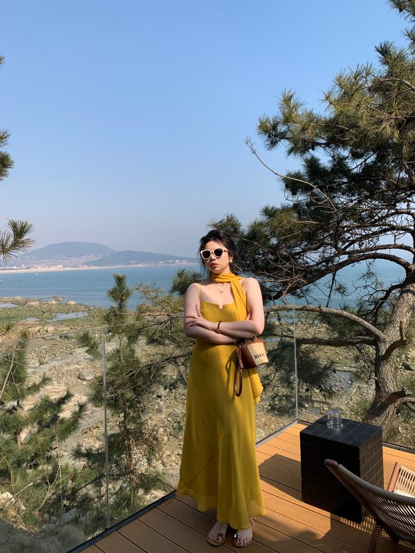 Plus Size Spaghetti Strap Beach Vacation Dress in Ginger Yellow, Flattering for Fair Skin, Slightly Chubby City Escape Style