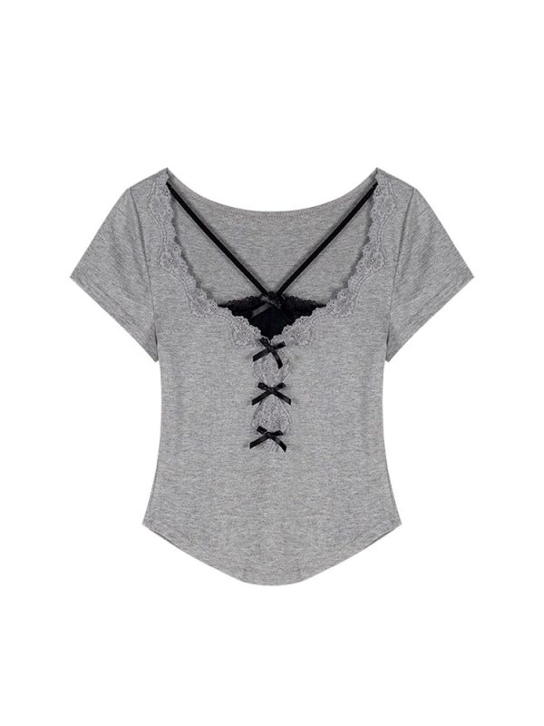 Plus Size Spicy Girl Lace Fake Two-Piece T-Shirt for Women - Summer Slim Fit, Tummy-Covering Stunning Top