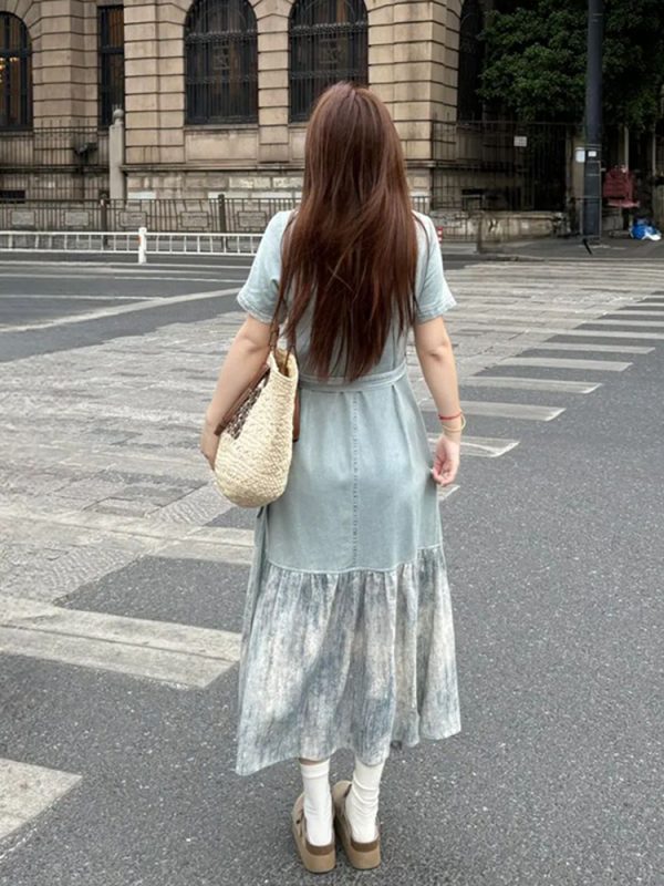 Plus Size Spliced Strap Short Sleeve Dress for Women - 2025 New Slimming Cover-Up, Trendy Long Dress for Summer