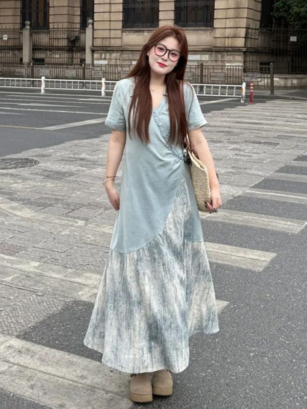 Plus Size Spliced Strap Short Sleeve Dress for Women - 2025 New Slimming Cover-Up, Trendy Long Dress for Summer