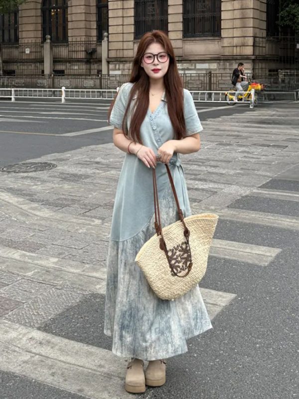 Plus Size Spliced Strap Short Sleeve Dress for Women - 2025 New Slimming Cover-Up, Trendy Long Dress for Summer