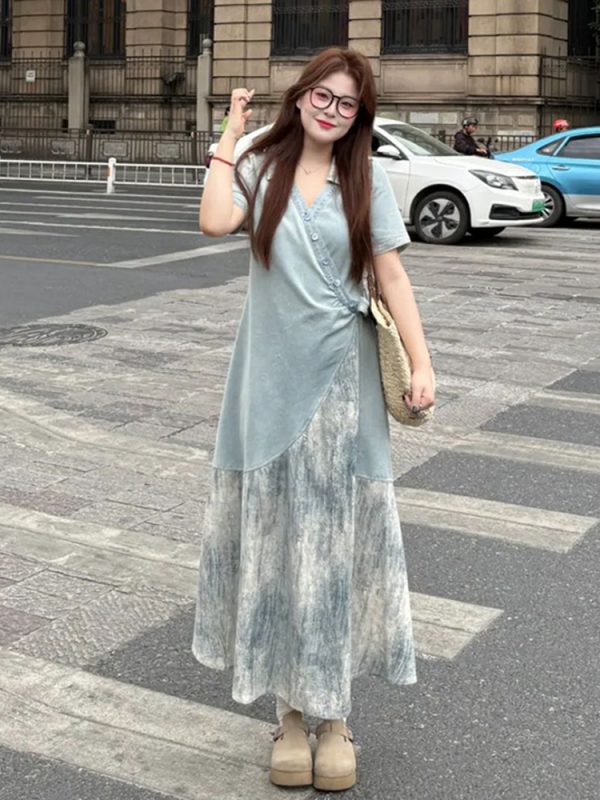 Plus Size Spliced Strap Short Sleeve Dress for Women - 2025 New Slimming Cover-Up, Trendy Long Dress for Summer