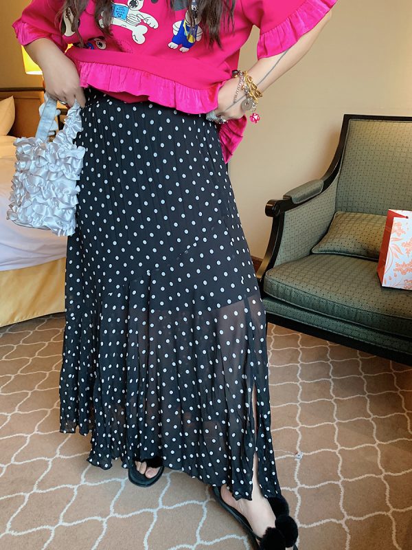 Plus Size Split Dot Midi Skirt for Women - Slimming Long Skirt for Summer 2025 - Casual Chic Style for Curvy Girls