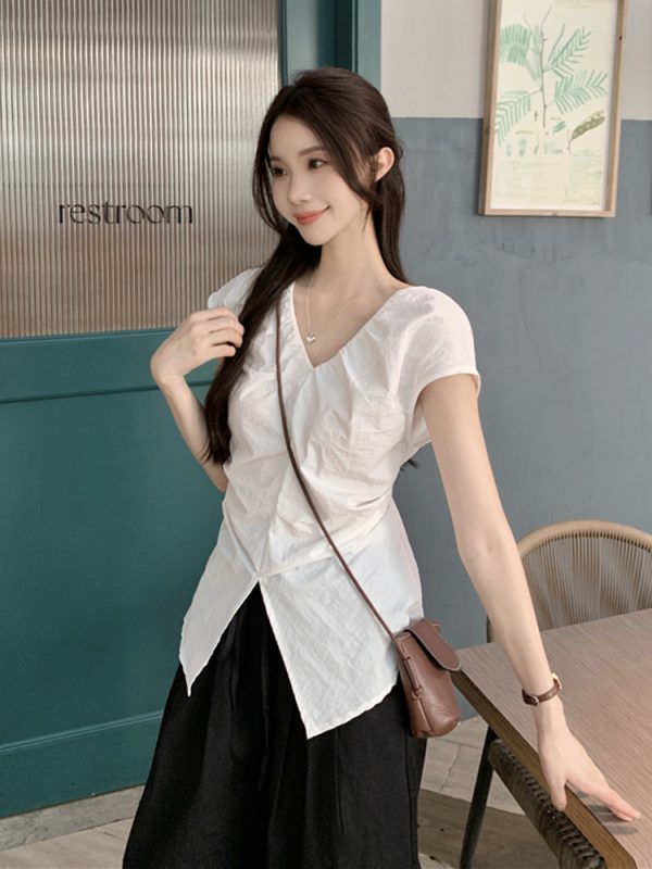 Plus Size Split V-Neck Short Sleeve Shirt for Women - Summer French Style, Waist-Cinching Pleated Elegant Top