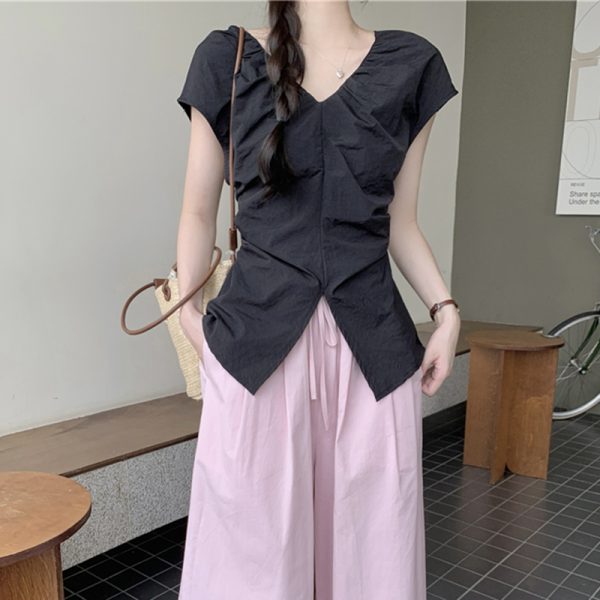 Plus Size Split V-Neck Short Sleeve Shirt for Women - Summer French Style, Waist-Cinching Pleated Elegant Top