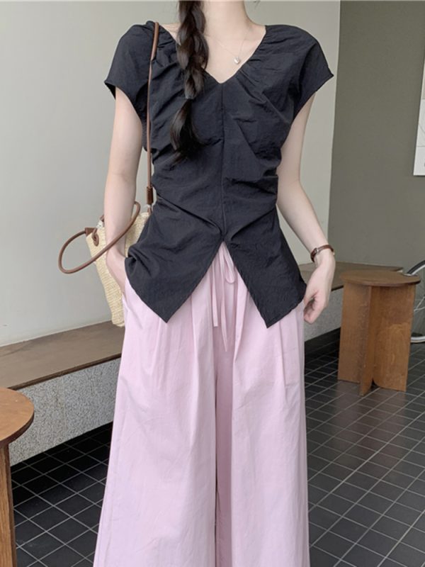 Plus Size Split V-Neck Short Sleeve Shirt for Women - Summer French Style, Waist-Cinching Pleated Elegant Top