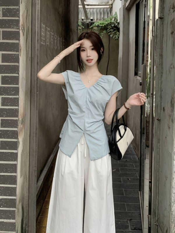 Plus Size Split V-Neck Short Sleeve Shirt for Women - Summer French Style, Waist-Cinching Pleated Elegant Top