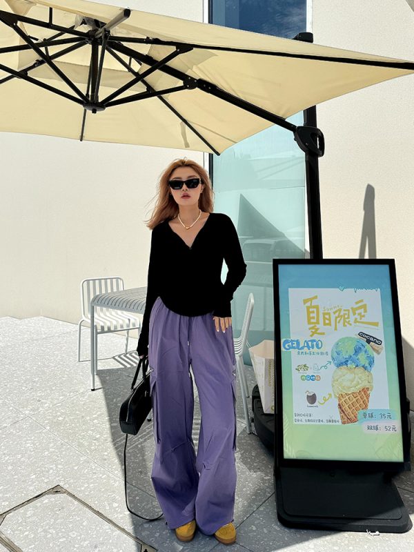 Plus Size Street Style Purple Cargo Pants for Autumn, Loose Paratrooper Design for Outdoor Climbing, Fashionable 2024 Look