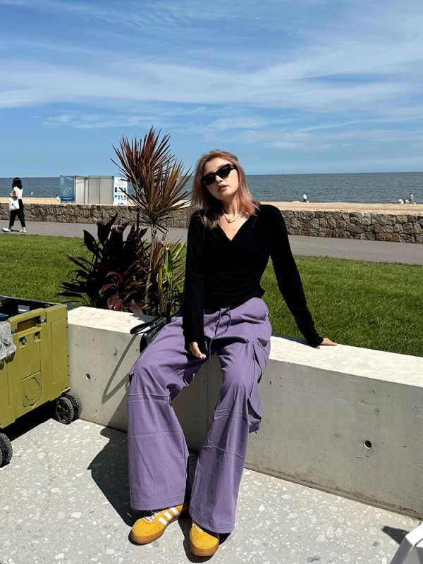 Plus Size Street Style Purple Cargo Pants for Autumn, Loose Paratrooper Design for Outdoor Climbing, Fashionable 2024 Look