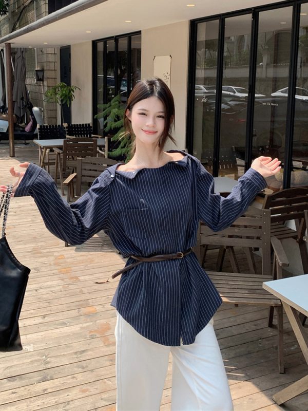Plus Size Striped One-Shoulder Long Sleeve Shirt for Women, Autumn French Style, Loose Fit, Flattering High-End Quality Top