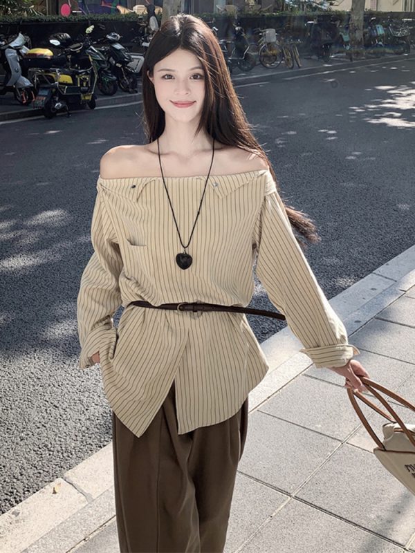Plus Size Striped One-Shoulder Long Sleeve Shirt for Women, Autumn French Style, Loose Fit, Flattering High-End Quality Top