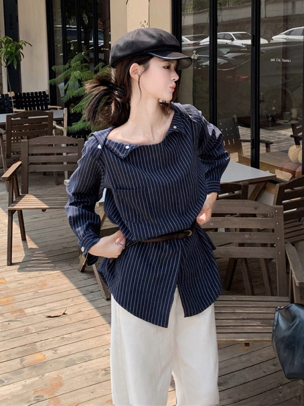Plus Size Striped One-Shoulder Long Sleeve Shirt for Women, Autumn French Style, Loose Fit, Flattering High-End Quality Top