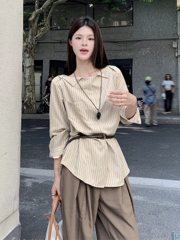 Plus Size Striped One-Shoulder Long Sleeve Shirt for Women, Autumn French Style, Loose Fit, Flattering High-End Quality Top