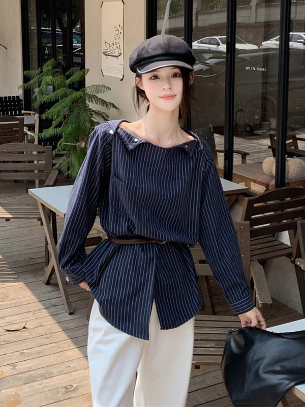 Plus Size Striped One-Shoulder Long Sleeve Shirt for Women, Autumn French Style, Loose Fit, Flattering High-End Quality Top