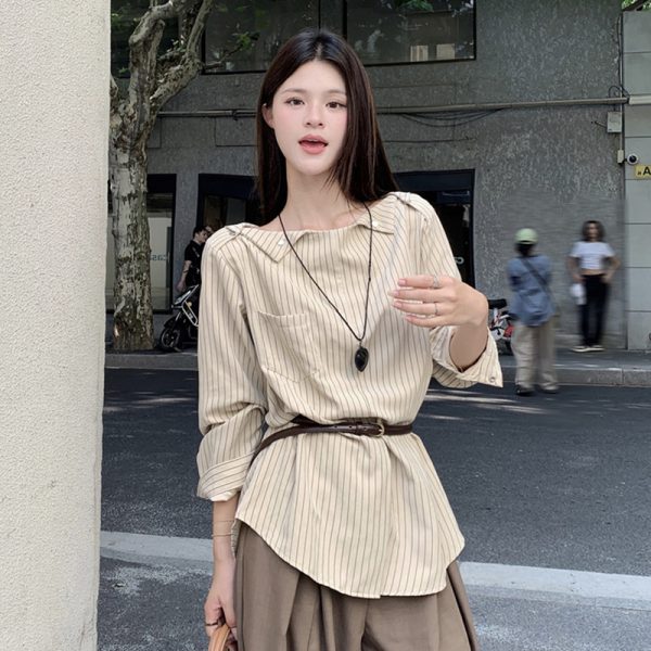 Plus Size Striped One-Shoulder Long Sleeve Shirt for Women, Autumn French Style, Loose Fit, Flattering High-End Quality Top
