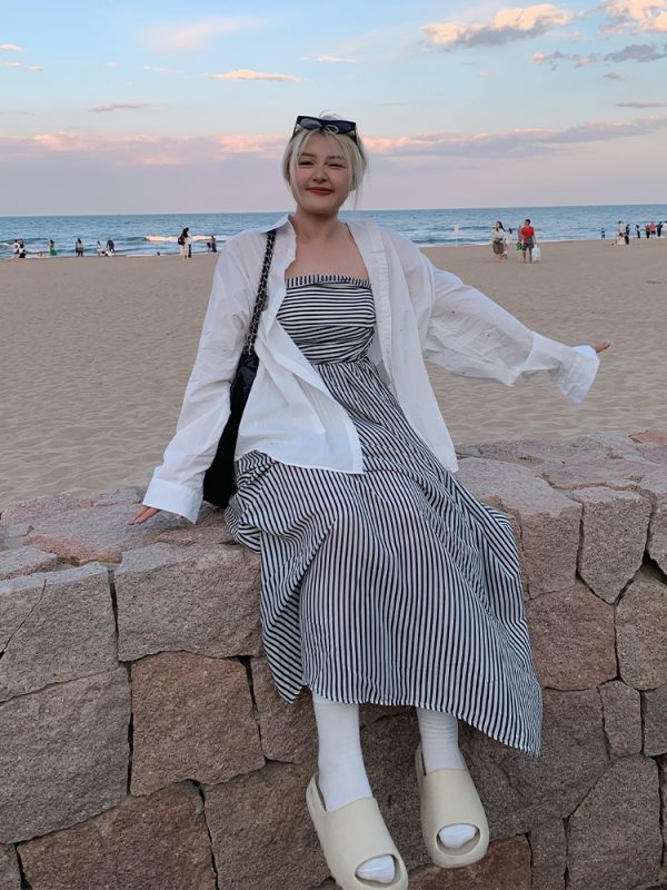 Plus Size Striped Strapless Dress for Curvy Figures - Gentle Temperament Beach Vacation Style, Super Stylish Summer Dress