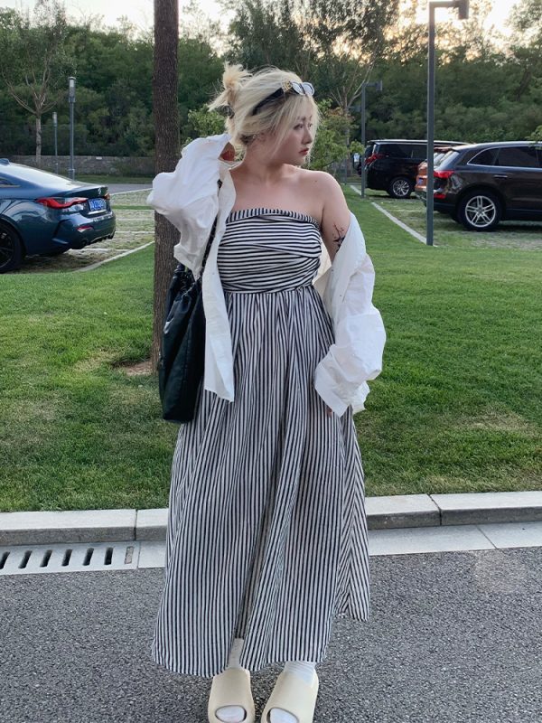 Plus Size Striped Strapless Dress for Curvy Figures - Gentle Temperament Beach Vacation Style, Super Stylish Summer Dress