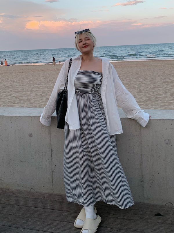 Plus Size Striped Strapless Dress for Curvy Figures - Gentle Temperament Beach Vacation Style, Super Stylish Summer Dress