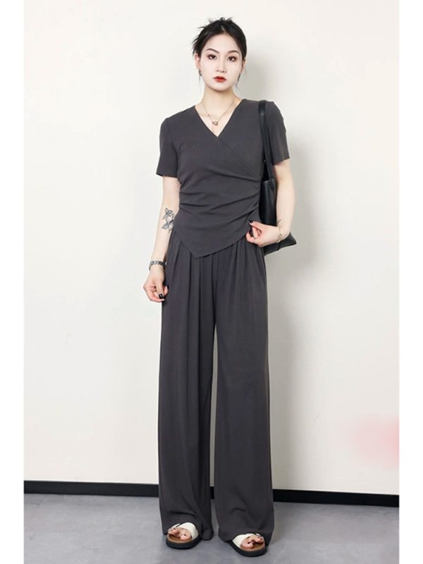 Plus Size Summer Casual Set for Women - Slimming Waist Short Sleeve T-Shirt and Wide Leg Pants - Trendy Lightweight Outfit