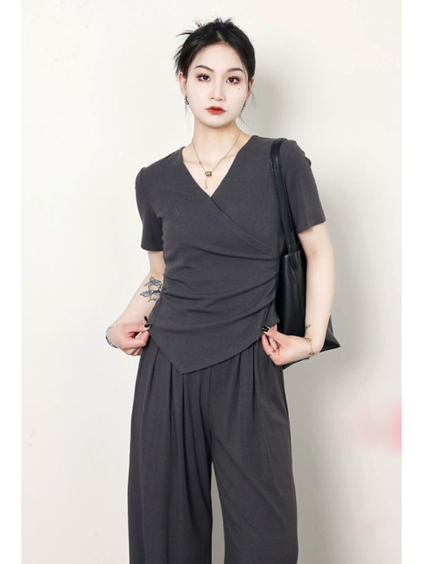 Plus Size Summer Casual Set for Women - Slimming Waist Short Sleeve T-Shirt and Wide Leg Pants - Trendy Lightweight Outfit
