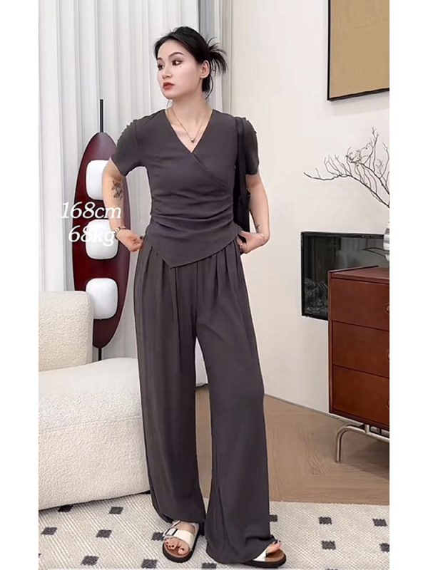 Plus Size Summer Casual Set for Women - Slimming Waist Short Sleeve T-Shirt and Wide Leg Pants - Trendy Lightweight Outfit